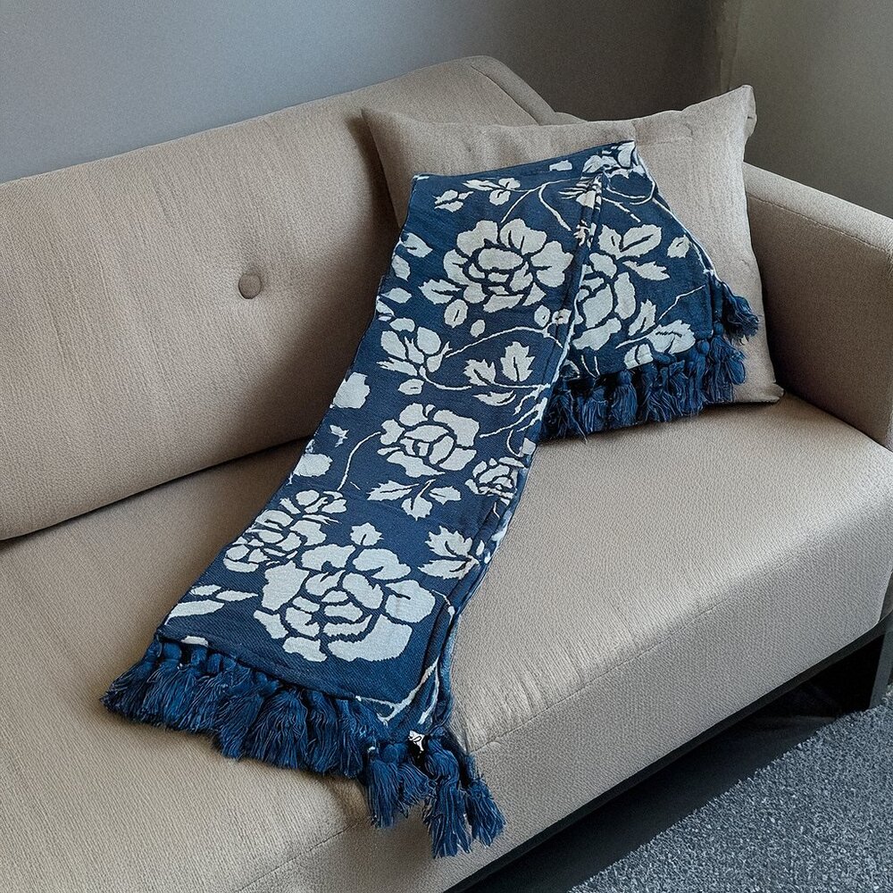 Floral Woven Throw, Navy